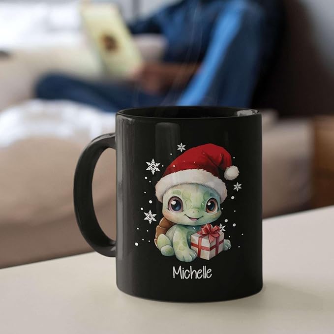 Coffee Mug With Xmas Turtle Design, Personalized Turtle Wearing Santa Hat Cup, Cute Baby Animal Black Mug 11oz 15oz, Custom Christmas Ceramic Cup, Customized Christmas Animal Mug Gift-Ruum Studio Home