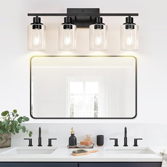 4-Light Bathroom Light Fixtures, Matte Black Modern Vanity Lights with Clear Glass Shades, Bathroom Wall Lamp for Mirror Living Room Cabinet Bedroom Porch-Ruum Studio Home