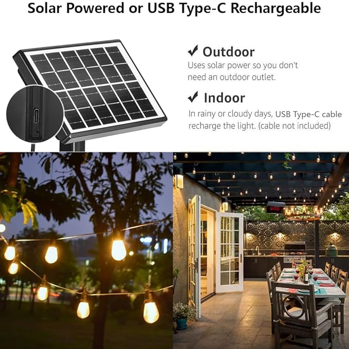 SUNTHIN 100ft Solar String Light Outdoor, USB Rechargeable Patio Solar Outdoor Lights with Waterproof & Shatterproof 30 LED Bulbs for Backyard, Porch, Garden, Pool, Party, Camping-Ruum Studio Home