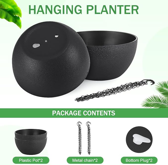 13 inch Hanging Planters for Indoor Plants, 2 Pack Planters for Outdoor Plants with Drainage Holes and Chain, Round Plastic Hanging Baskets, Hanging Flower Pots for Balcony Garden Decor-Black-Ruum Studio Home