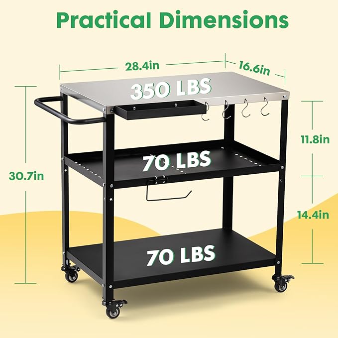 Outdoor Grill Cart Table,Indoor and Outdoor Pizza Oven Table,with 4 Movable Total Lock Casters, Hooks, Side Handle Multifunctional (Stainless Steel Table)-Ruum Studio Home
