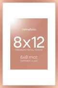 Homeforia 8x12 Picture Frame Rose Gold, High End Metal 8 x 12 Poster Frames with Mat 6 by 8 Photo, 12x8 Frame Matted to 6x8 inch Print, 8by12 Wall or Tabletop Frame, Tempered Glass, Wall Kit, Set of 1-Ruum Studio Home