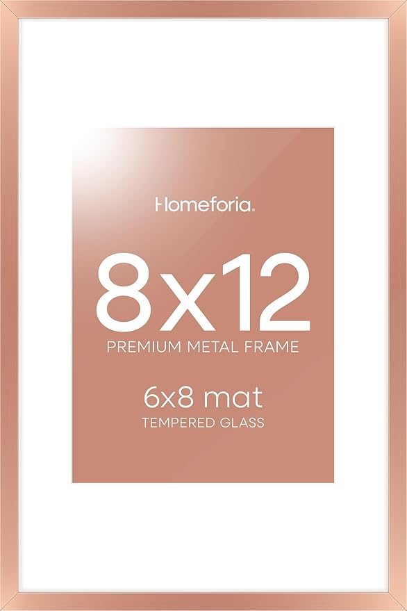 Homeforia 8x12 Picture Frame Rose Gold, High End Metal 8 x 12 Poster Frames with Mat 6 by 8 Photo, 12x8 Frame Matted to 6x8 inch Print, 8by12 Wall or Tabletop Frame, Tempered Glass, Wall Kit, Set of 1-Ruum Studio Home