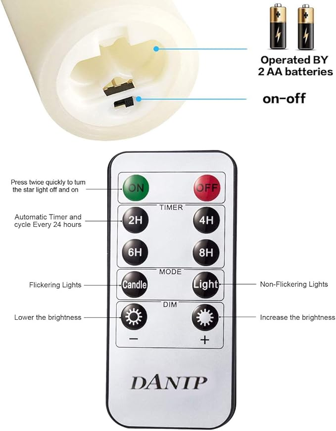 danip flameless Candle, with Embedded String Lights, 5-Piece LED Candles, with 10-Key Remote Control, 24-Hour Timer Function, Dancing Flame, Real Wax, Battery-Powered. (Ivory White)-Ruum Studio Home