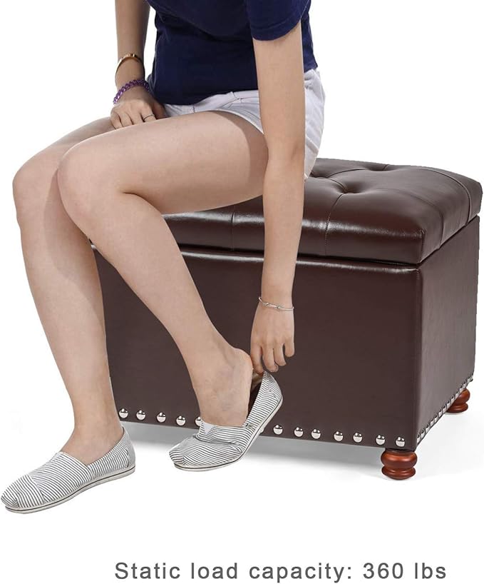 Leather Storage Ottoman Bench Foot Rest Stool with Nailhead Trim (Dark Brown - Button Tufted Leather)-Ruum Studio Home