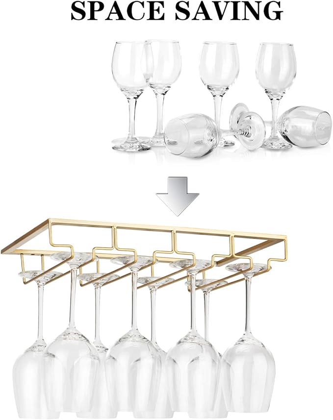 Wine Glass Rack Under Cabinet - Stemware Holder Metal Wine Glass Organizer Glasses Storage Hanger for Bar Kitchen Gold 4 Rows-Ruum Studio Home