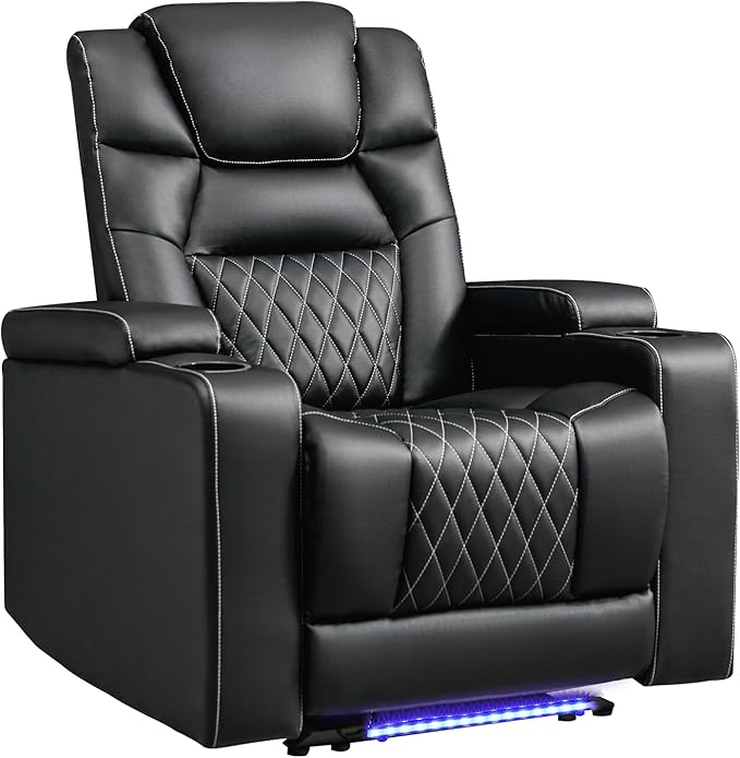 ANJ Power Recliner Chair with USB Port, Electric PU Leather Home Theater Seating for Living Room, Movie Reclining Chairs with Blue Ambient Lighting, Hidden Arm Storage, Cup Holders (Black)-Ruum Studio Home