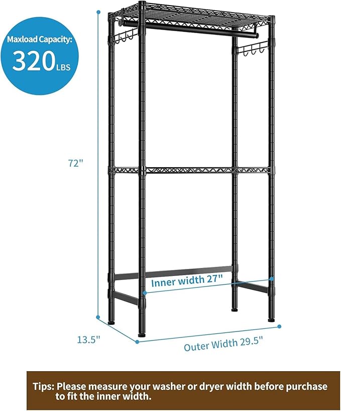 Over Washer and Dryer Shelves,2 Tier Adjustable Height Wire Shelving Laundry Room Storage Organization Clothes Drying Rack with Hanger Rod&Hooks,Space Saving Organizers Shelf,Black-Ruum Studio Home