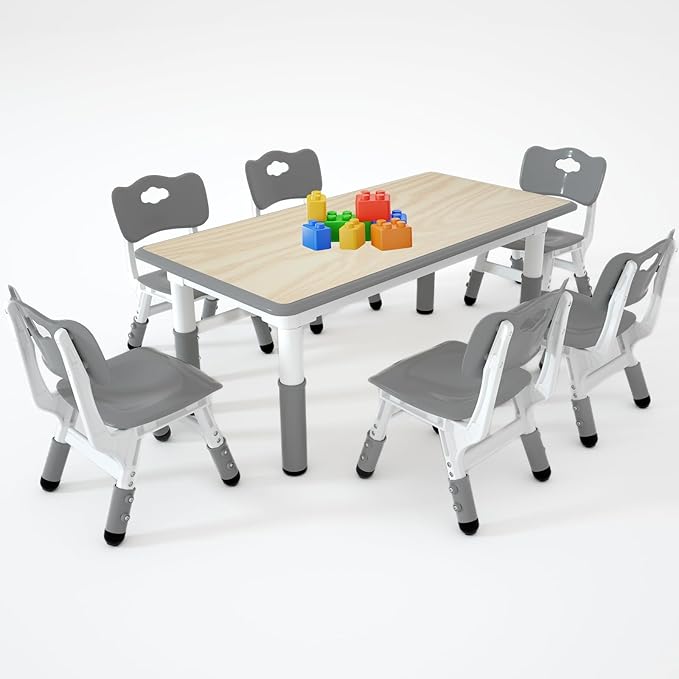 Kids Study Table and 6 Chairs Set,Height Adjustable Table and Chairs for Children and Toddlers,47.2"X23.6"Graffiti Desktop,Suitable for Daycare,Classrooms, Home-Ruum Studio Home