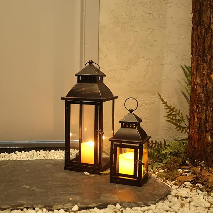 NEEDOMO Bronze Metal Lanterns Decorative Outdoor & Indoor, Set of 4 (17" & 10") with Glass, Candle Holder for Porch, Patio, Garden, Balcony, Wedding, Table Centerpiece Decorations-Ruum Studio Home