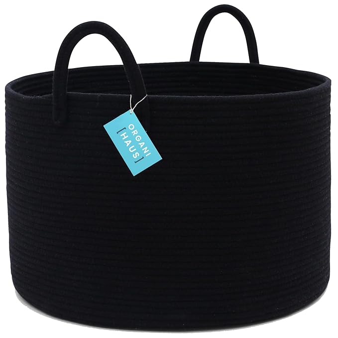 OrganiHaus Large Laundry Basket, Woven Cotton Rope Basket for Blankets, Toy Storage, Nursery Hamper, Living Room Decor Organizer, Soft & Durable Hamper with Handles, 20x13 inches - Black-Ruum Studio Home