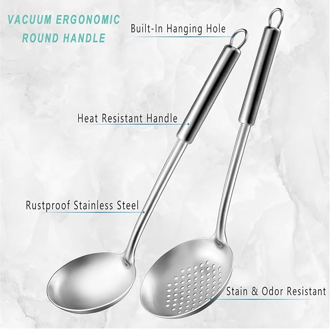 Pleafind 2-Pcs Ladle and Slotted Spoon, Soup Ladle and Strainer Spoons, Stainless Steel Cooking Spoon and Skimmer Spoons, Kitchen Utensils, Wok Utensils for Home and Restaurant, Dishwasher Safe-Ruum Studio Home