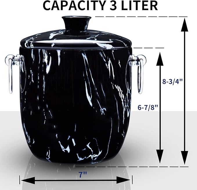 Ice Bucket with Lid, Scoop, Tongs and Strainer - Well Made Insulated Stainless Steel Keep Ice Frozen Longer - Ideal for Cocktail Bar, Parties, Chilling Wine, Champagne - 3 Liter (Black Marble)-Ruum Studio Home