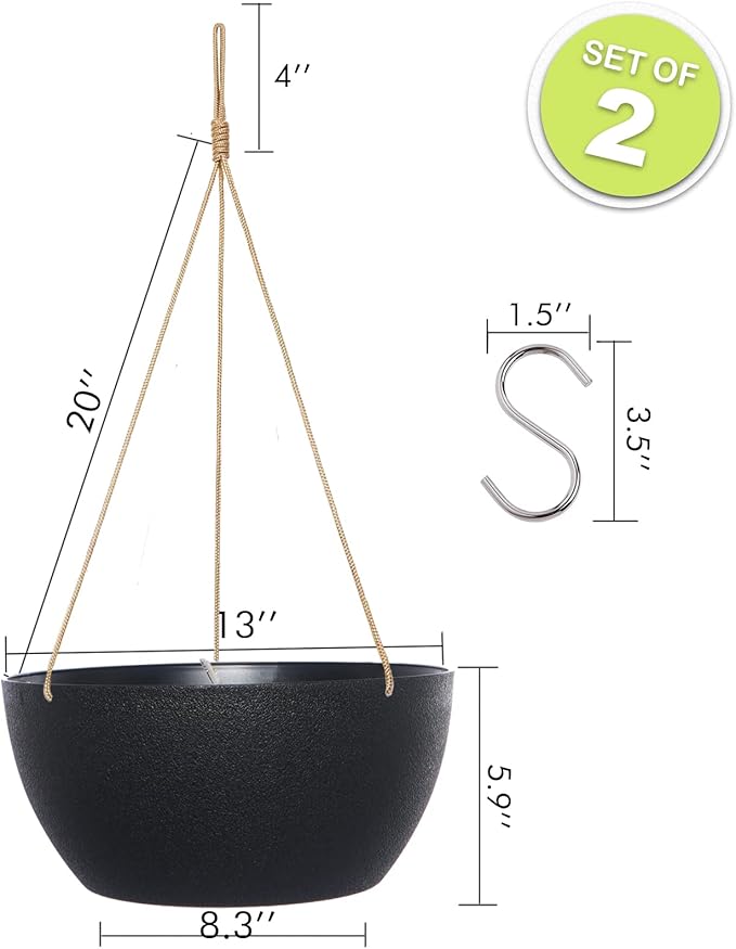 13 Inch 2 Pack Large Hanging Planters for Indoor Outdoor Plants, Plastic Hanging Basket Pots for House Plants Flowers, Black-Ruum Studio Home