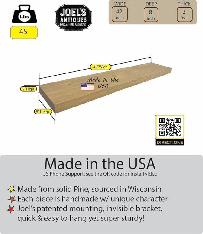 joelsantiques 42 Inch Wooden Floating Shelves for Wall - 42x8x2 in - Made of Natural Wood - Heavy Duty Rustic Wall Shelves Made in USA - Perfect for Living Room, Kitchen - Natural-Ruum Studio Home