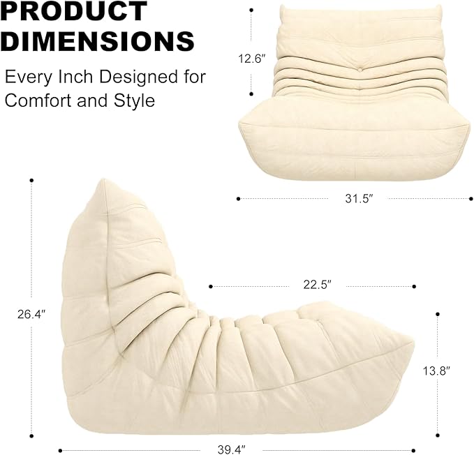 Bean Bag Chair for Adults, Lazy Floor Sofa Couch - Adult Size with Soft Waterproof Fabric for Living Room, Apartments, Reading Corner, Gaming, and Movie Venue (White)-Ruum Studio Home