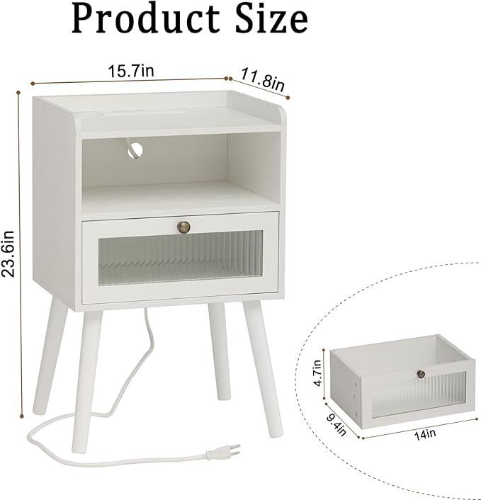 AWASEN White Nightstand with Charging Station, Modern Bedside Table with Glass Decorative Drawer, Small End Side Table with 2 Tiers Storage Space, for Bedroom, Office and Small Space(White)-Ruum Studio Home