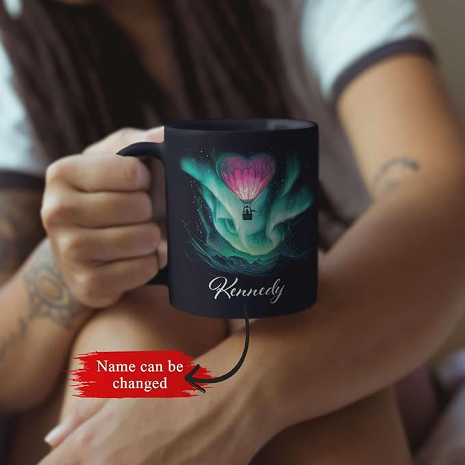 Customized Name Coffee Cup, Custom Hot Air Balloon Mug With Heart-Shaped, Personalized Northern Lights Ceramic Mug, Gift For Couples On Valentine's Day, Love Black Cup 11oz Or 15oz-Ruum Studio Home