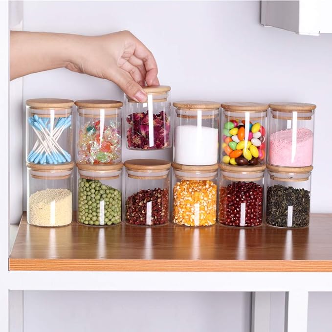 Glass Jars Set,Upgrade Spice Jars with Wood Airtight Lids and Labels, 6oz 12 Piece Small Food Storage Containers for Home Kitchen, Tea, Herbs, Sugar, Salt, Coffee, Flour, Herbs, Grains…-Ruum Studio Home