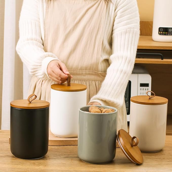 Large Ceramic Storage Jars, Modern Elegant Highly Polished Airtight Gorgeous Storage Canisters with Wooden Lid Food Storage Jar for Kitchen Spice Tea Vanilla Sugar Coffee Beans (Light grey)-Ruum Studio Home