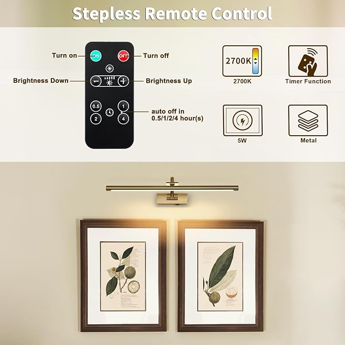 Wireless Picture Lights with Remote and Timer Rechargeable Brass Gallery Lighting Battery Operated Art Lights Over Frame Portrait 5W 24'' Inch Warm White-Ruum Studio Home