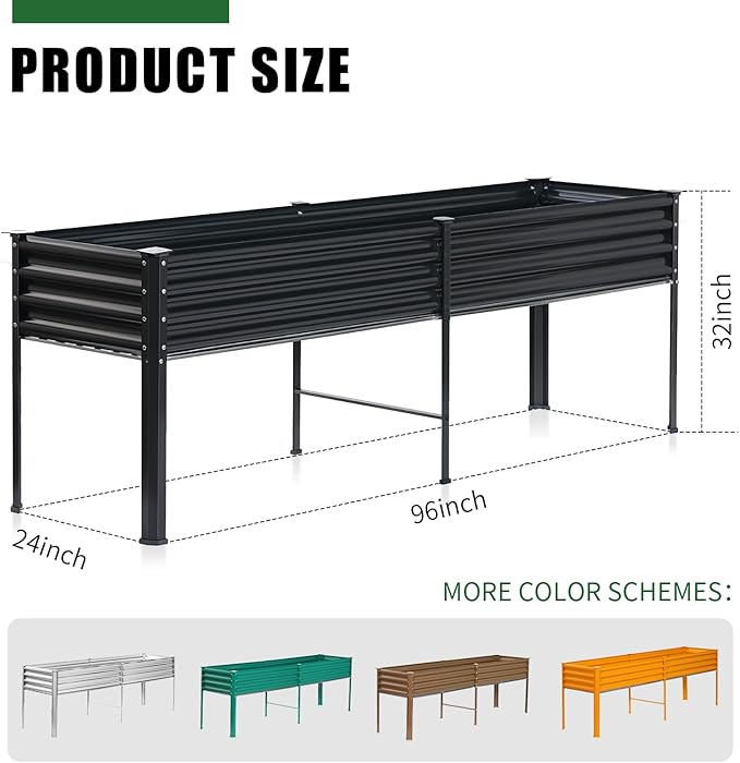 Land Guard Galvanized Raised Garden Bed with Legs, 96×24×32in Raised Garden Beds Outdoor with Drainage Holes, Planter Boxes Outdoor for Backyard, Patio, Balcony, 800lb Capacity, Gray-Ruum Studio Home