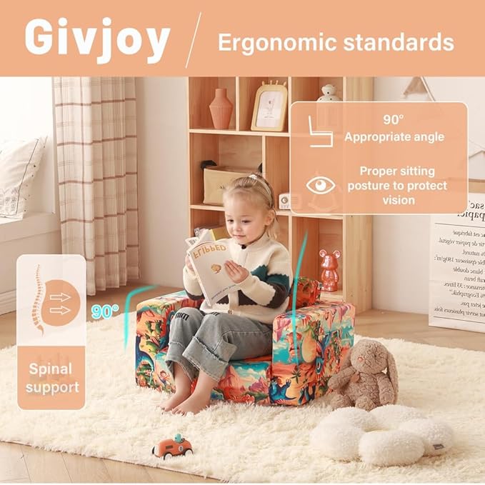 Toddler Chair Kids Couch, 2-in-1 Toddler Soft Sherpa Couch Fold Out Armchair with Removable Cover, Convertible Reading Chair Toddler Sofa for Kids, Orange Dinosaur-Ruum Studio Home