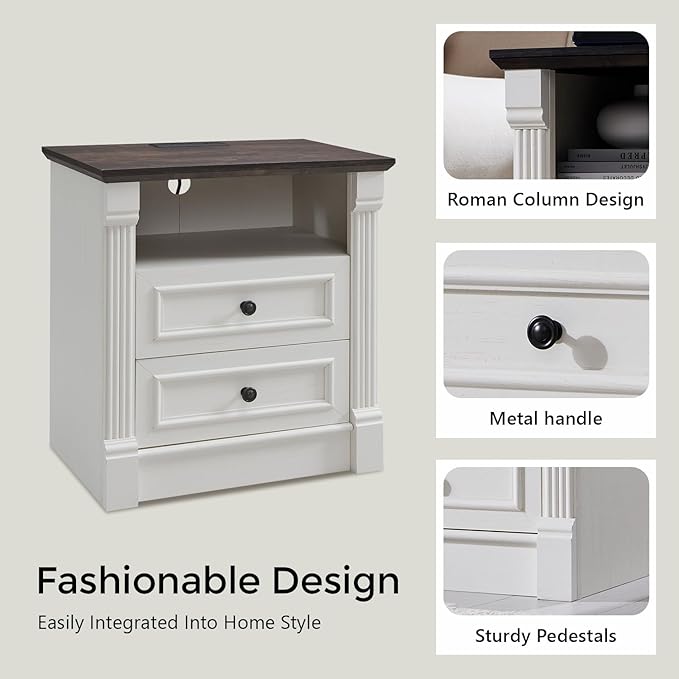 26" Tall Farmhouse Nightstand, 2 Drawers End Table w/Charging Station, 23.6" Wide Large Side Table w/Roman Column, Wood Rustic Sofa Table w/Open Shelf, Bedside Table for Bedroom, White-Ruum Studio Home