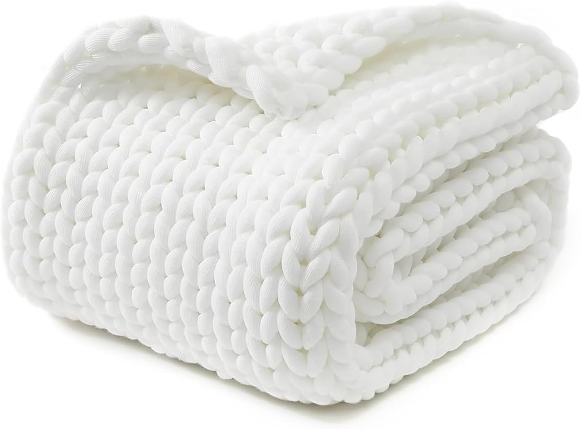 YnM Chunky Throw Blanket, Medium-Weight, Hand Knitted, Skin Friendly, Ventilated and Breathable, Machine Washable, Home Décor Piece for Couch, Sofa and Bed (White, 60x80 Inch)-Ruum Studio Home