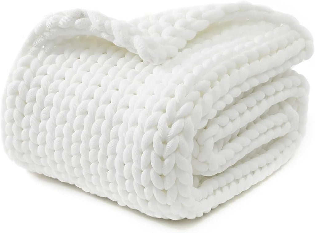 YnM Chunky Throw Blanket, Medium-Weight, Hand Knitted, Skin Friendly, Ventilated and Breathable, Machine Washable, Home Décor Piece for Couch, Sofa and Bed (White, 40x50 Inch)-Ruum Studio Home