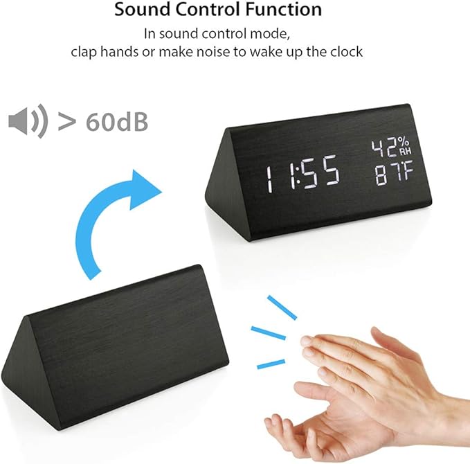OCT17 Wooden Alarm Clock, Smart LED Digital Clock for Bedroom/desks, Upgraded with Time Temperature, Adjustable Brightness and Voice Control, Humidity Displaying - Black-Ruum Studio Home