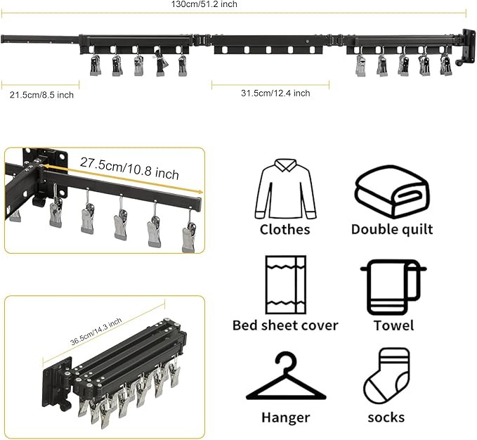 BESy Tri-Fold Foldable Clothes Drying Rack Retractable Hanging Collapsible Dryer Hanger Racks for Laundry Balcony Bathroom Space Saver Outdoor Indoor 20 Clips Aluminum Alloy Wall Mounted Matte Black-Ruum Studio Home