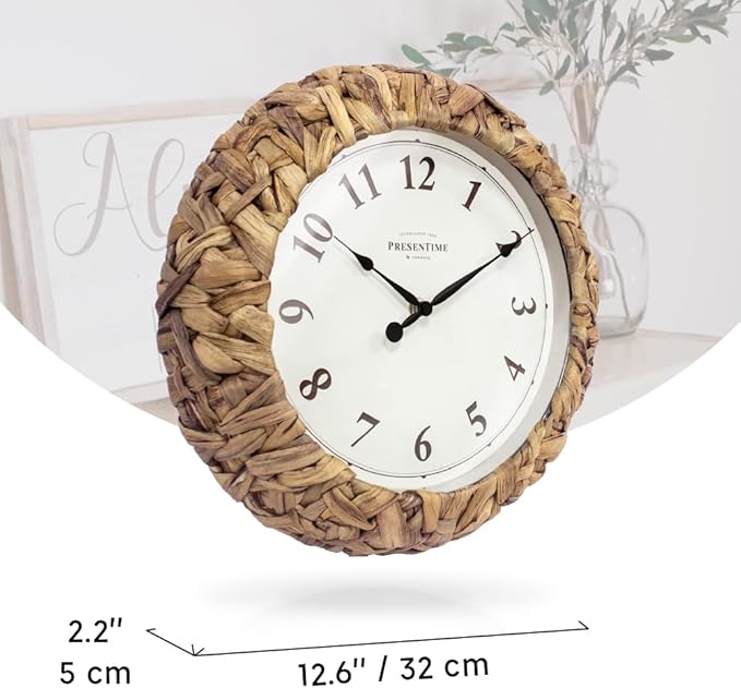 Presentime & Co. Farmhouse Series, Rustic Woven Clock, 12.6 inch, Natural Woven Water Hyacinth/Sea Grass. Wall Sculpture, Wall Art and Timepiece for Home Decoration/Decoration/Farmhouse Décor-Ruum Studio Home