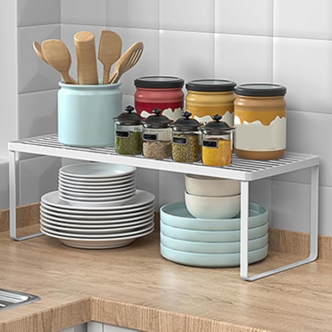 Kitchen Cabinet Storage Shelf Stackable Wire Spice Rack Organizer Heavy Duty Space Saver for Bathroom Bedroom Closet Laundry Room Office Countertop - White, Pack 1-Ruum Studio Home