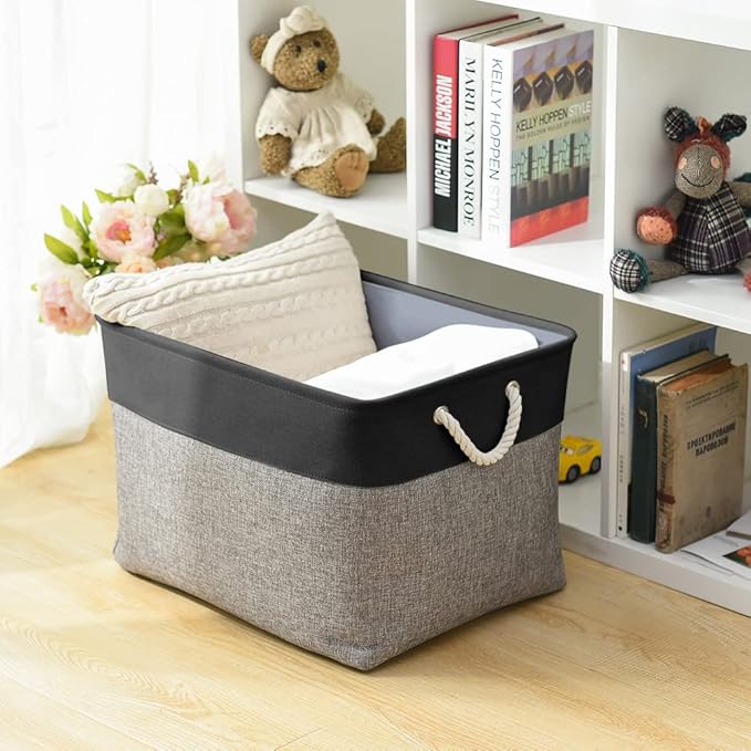 TheWarmHome Organization and Storage Basket for Shelves - 20x16x14 inch Jumbo 3 Pack Collapsible Storage Bins for Organizing, Fabric Storage Cubes for Organizer Gift Toy Closet (Black & Grey)-Ruum Studio Home
