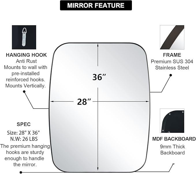 ANDY STAR Brushed Bronze Mirror, 28x36 Inch Stainless Steel Metal Frame Oblong Bathroom Mirror for Vanity, 1’’ Deep Wall Mounted Vertically/Horizontal-Ruum Studio Home