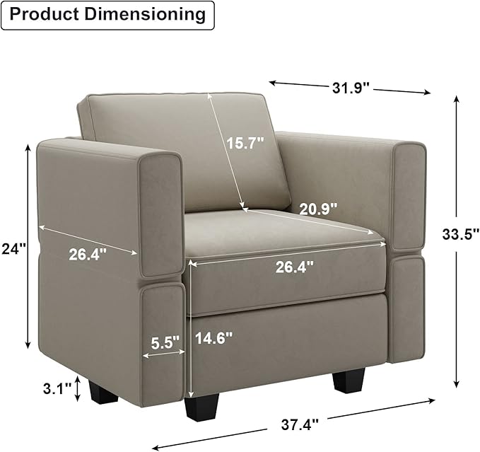 Belffin Modular Sectional Arm Chair Accent Chair with Storage Seat Single Club Chair for Apartment Velvet Grey-Ruum Studio Home