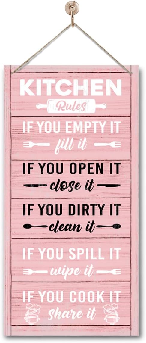 Hanging Kitchen Rules Wood Decor Sign, Rustic Kitchen Wooden Signs, Printed Wood Wall Art Sign, Kitchen Door Rules Rustic Sign, Hanging Wood Sign Kitchen Decor, Funny Farmhouse Kitchen Wall Décor F1-Ruum Studio Home