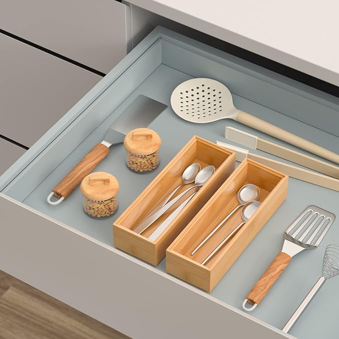 Silverware Tray for Drawer, Stackable Kitchen Bamboo Drawer Organizer 9" x 3" x 2" Set of 2-Ruum Studio Home