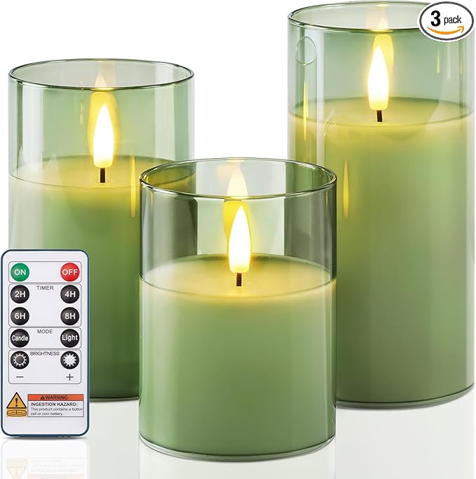 Homemory Green Glass Flameless Candles, Battery Operated LED Pillar Candles with Remote Control and Timer, Radiance Candles, Real Wax, Set of 3,D3 xH4 5" 6"-Ruum Studio Home