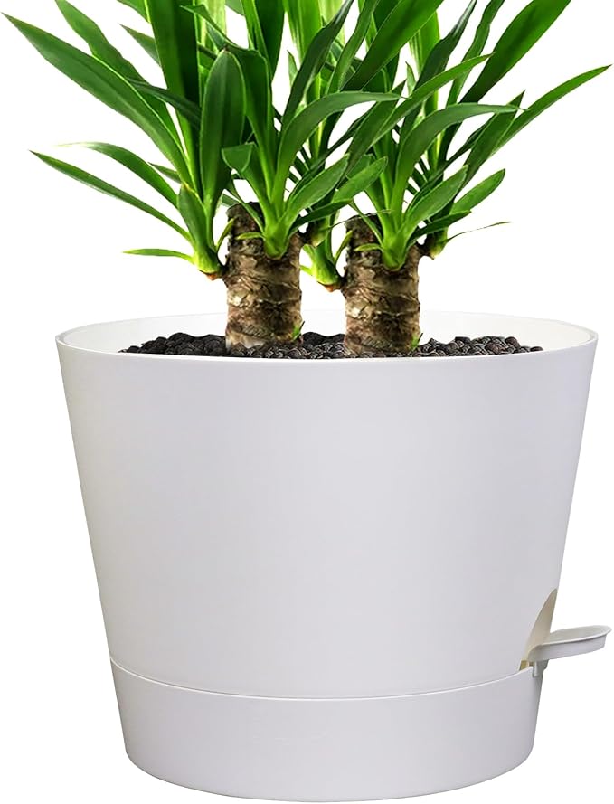 Self Watering Pots for Indoor Plants,12 inch Planters with Drainage Holes Plastic Flower Pots with Deep Reservoir, White-Ruum Studio Home