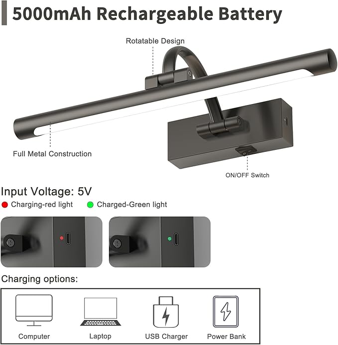 Battery Operated Picture Lights for Wall, Wireless Painting Lights Dimmable Artwork Lighting with Remote and Timer, Rechargeable Art Lights for Paintings-Brushed Grey 16'' inch Warm White-Ruum Studio Home