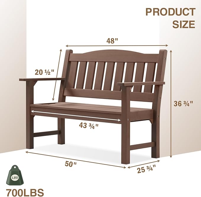 Psilvam 2-Person Outdoor Memorial Bench, All-Weather Poly Lumber Garden Bench, Rot-Resistant Outdoor Patio Bench for Park,Porch,and Church(Brown)-Ruum Studio Home