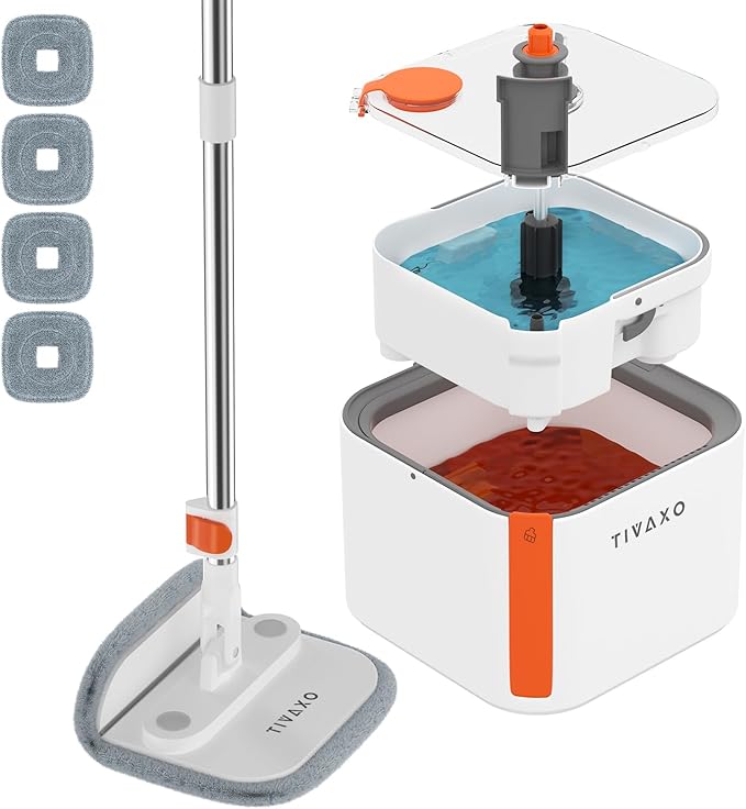 Mop and Bucket Set, Spin Mop with Self Seperates Dirty Water System, Square Mops for Floor Cleaning, 360 Rotating Foldable Standing Mop Head, Versatile Mops for Walls (Mop Bucket with 4 Pads)-Ruum Studio Home