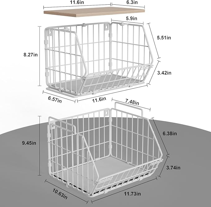 Wetheny 2 Tier Stackable Wall Mounted Wire Basket Fruit Basket with Wood Lid - Kitchen Pantry Organization and Storage, Hanging Storage Basket for fruits, Onion, Potato, Produce, Vegetable (White)-Ruum Studio Home