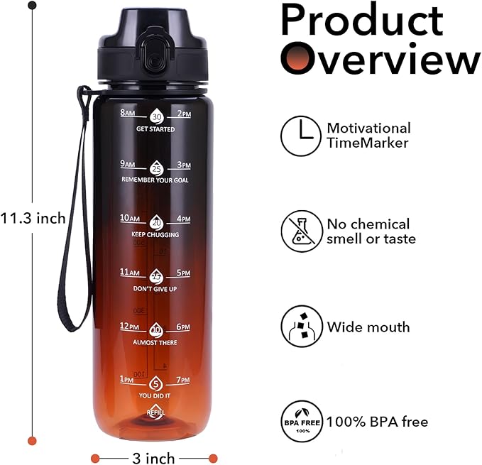 32oz Motivational Water Bottles with Time Marker & Fruit Strainer, Transparent Gradient Color Water Bottle with Times to Drink, Leakproof & BPA Free, Reusable Bottle with Strap (No Straw)-Ruum Studio Home