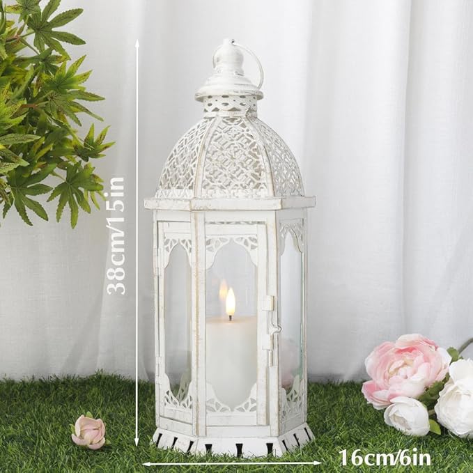 JHY DESIGN Decorative Candle Lantern 15''H Vintage Metal Candle Holder for Garden Living Room Indoor Outdoor Parties Weddings Patio(White with Gold Brush)-Ruum Studio Home
