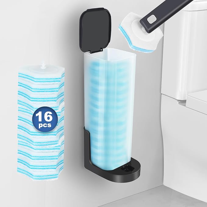 squish Disposable Toilet Brush with 16 Refills, Wall-Mounted No-Drill Adhesive Holder, Toilet Cleaning Kit for Bathroom - Space-Saving & Easy to Use-Ruum Studio Home