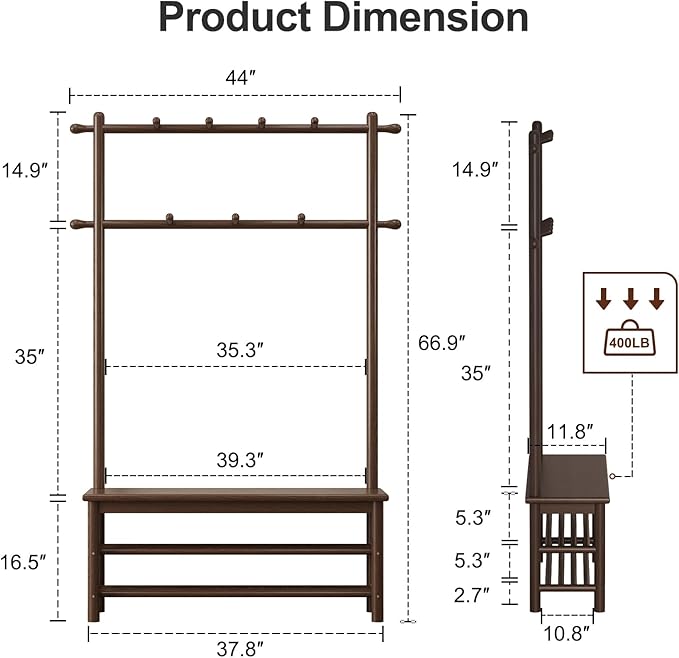 Hall Tree, Coat Rack with Shoe Storage, Wooden Hall Tree with Bench, 11 Hooks and 2-Tier Storage Shelves, Entryway Bench with Coat Rack (39.3" - Deep Walnut)-Ruum Studio Home