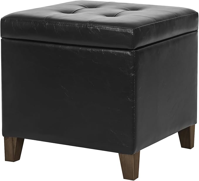 Adeco Faux Leather Storage Ottoman Bench with Solid Wood Legs, 17.7" Square Black PU Cube Foot Stool, Upholstered Button Tufted Vanity Chair with Hinged Lid for Living Room, Bedroom, Dorm-Ruum Studio Home